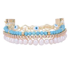 NWT Victoria Emerson Evil Eye Pearl Gold Plated Multi Layer Cuff Bracelet
